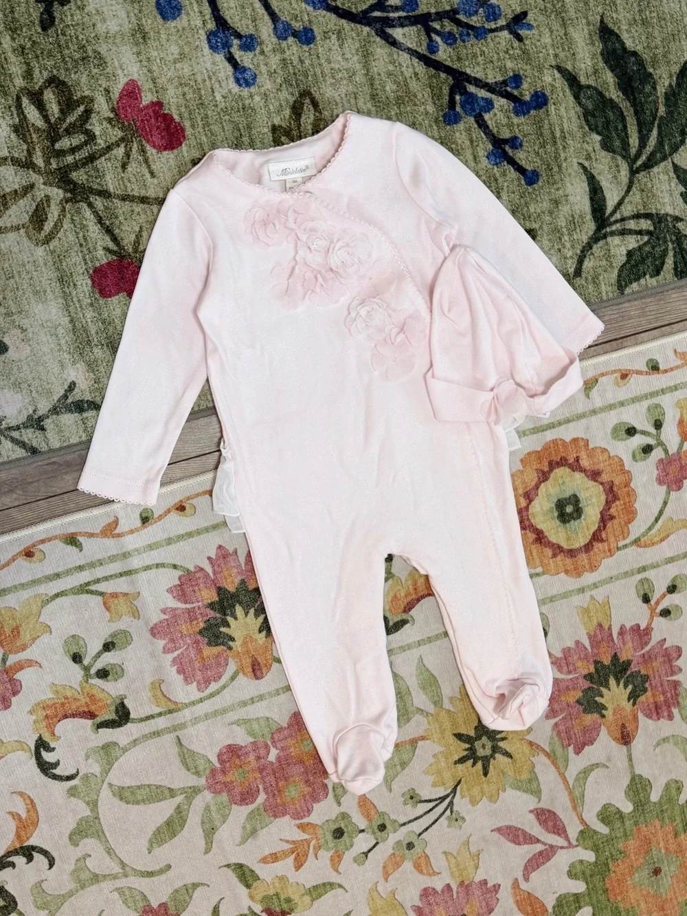 New Miniclasix Baby Girl Elegant Footed Coverall & Hat Set Tulle Floral Ruffles